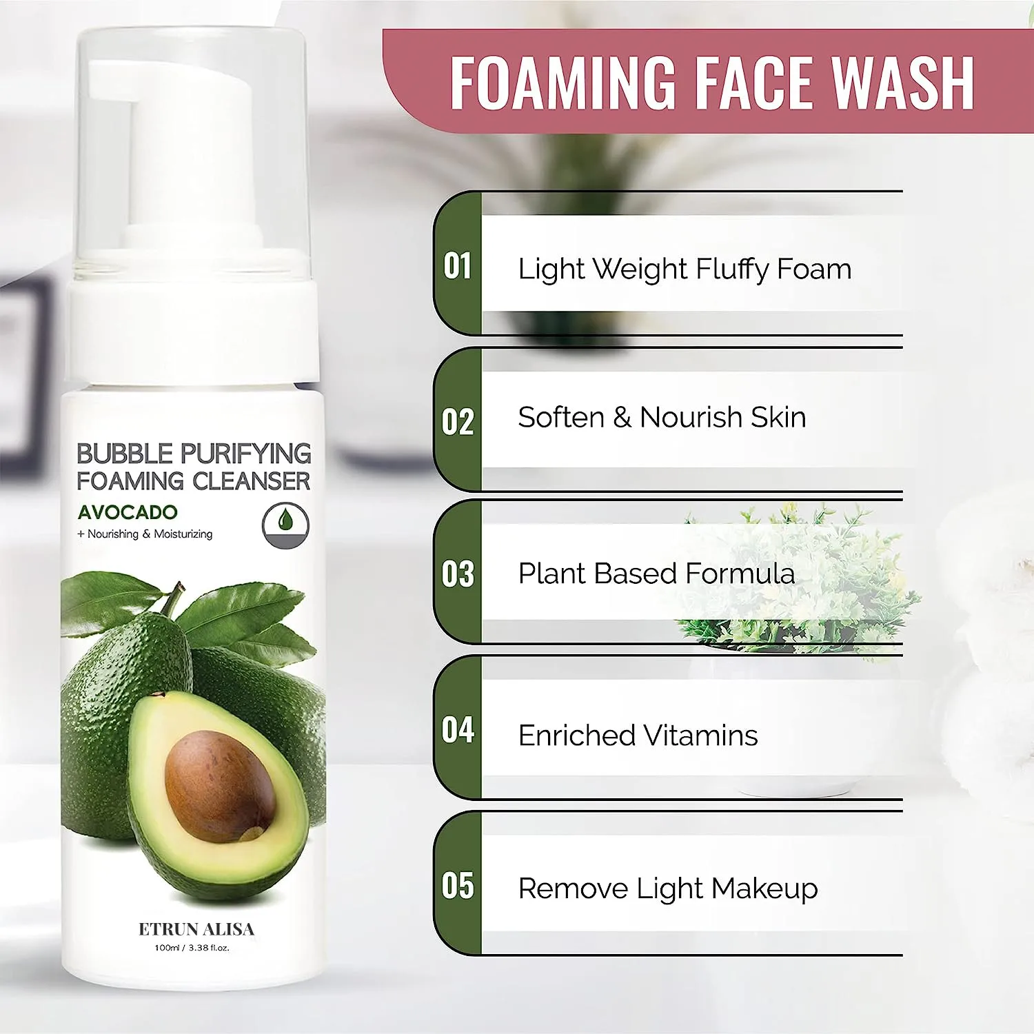 Natural Vegan Avocado Acne Bubble Face Wash Hydrating Gengle Low pH Cleanser for Sensitive Skin