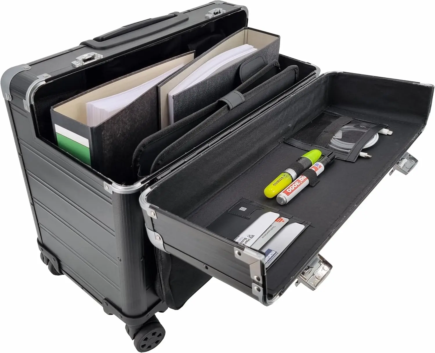 Large Trolley Aluminum Pilot case with front pocket with wheels