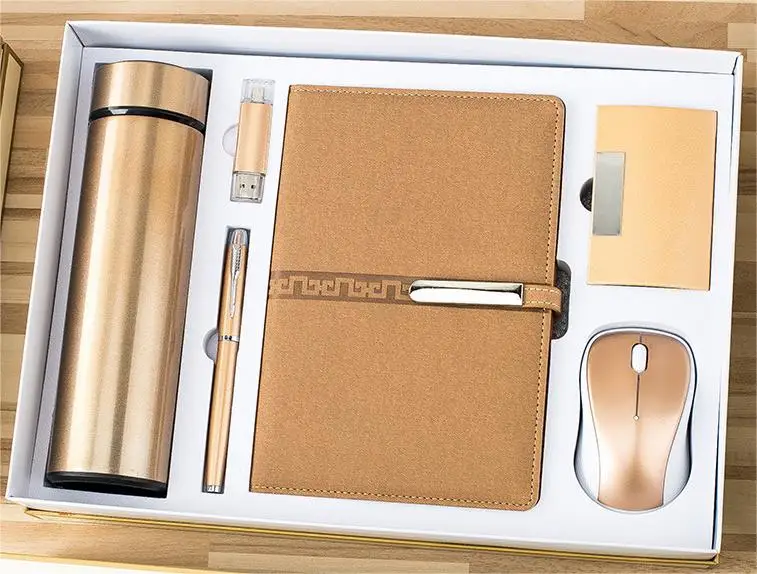 A5 Notebook+Sign Pen+Vacuum Flask+USB Flash Drive+Name Card Holder +Mouse Office Stationery Gift Set