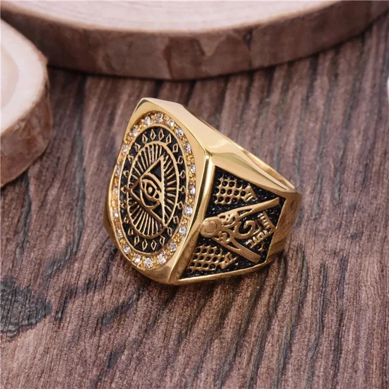 custom 316 stainless steel gold crystal  Illuminati rings masonic eyes ring women girls
