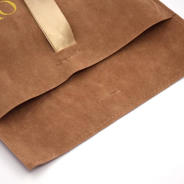 Custom logo printed cosmetic perfume bag luxury brown envelope flap suede jewelry pouch