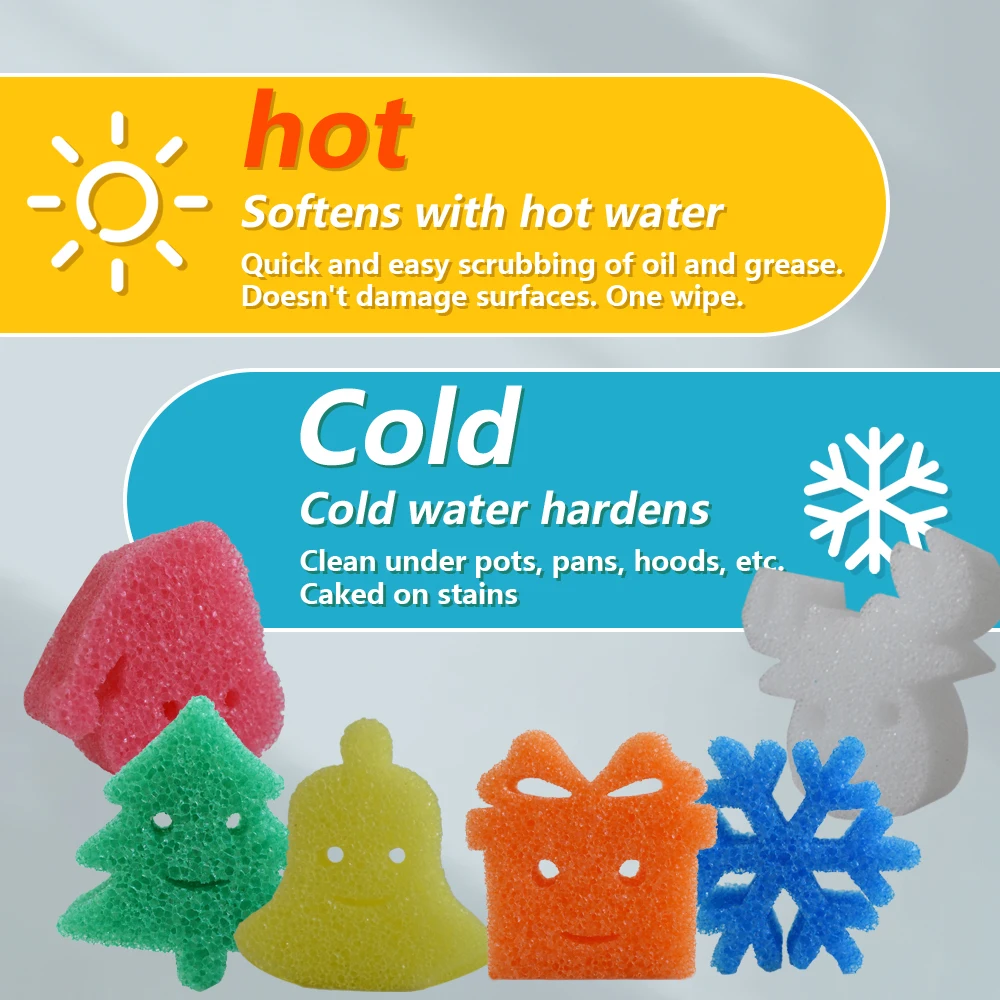 Gentle in hot water Firm in cold Deep clean Dishwasher safe Scrub No scratches Smell Smile Temperature sensitive sponge