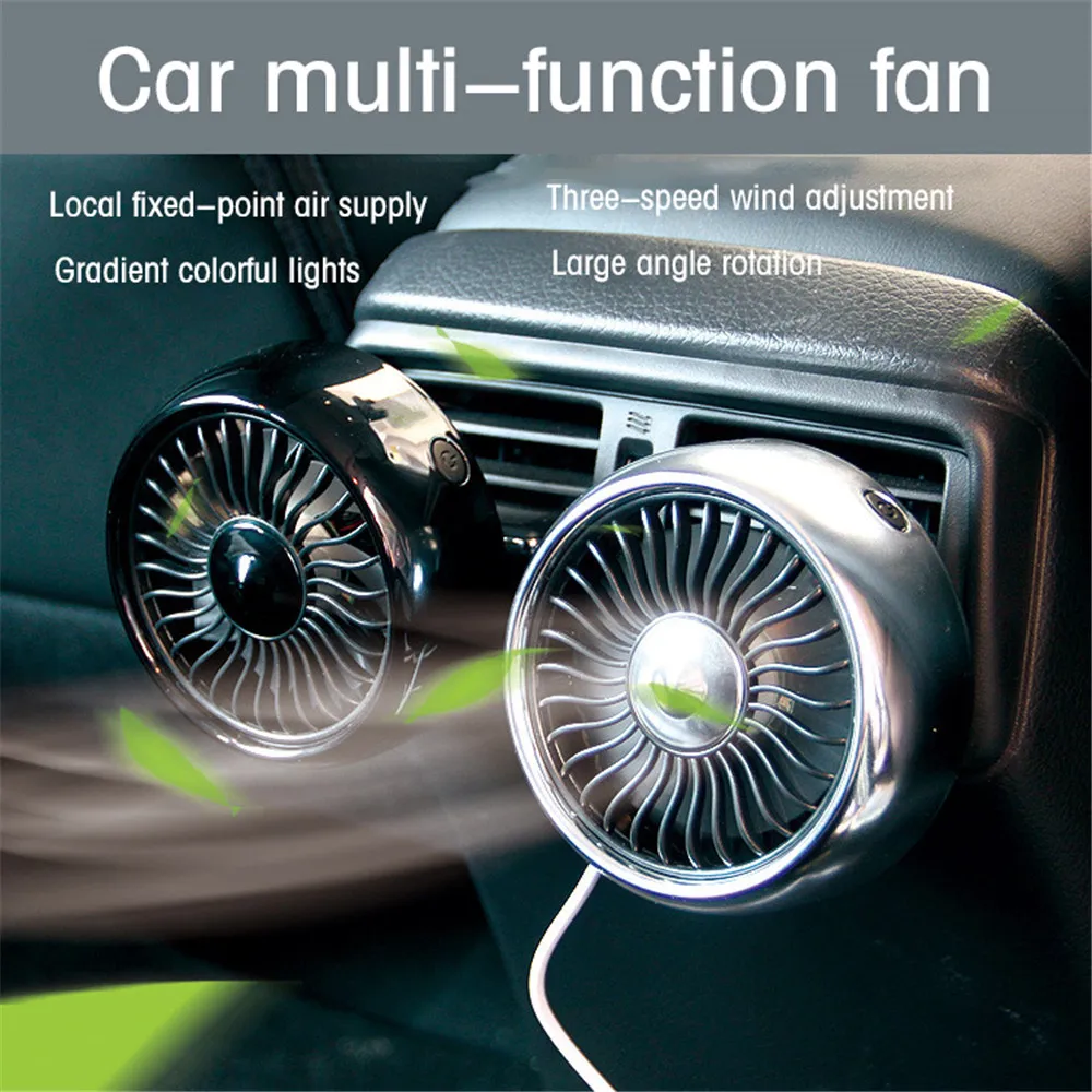 Powerful 3 Gears Car Usb Fan 360 Degree Rotatable Led Lights Usb Power Car Auto Cooling Air Fan for Car Air Vent