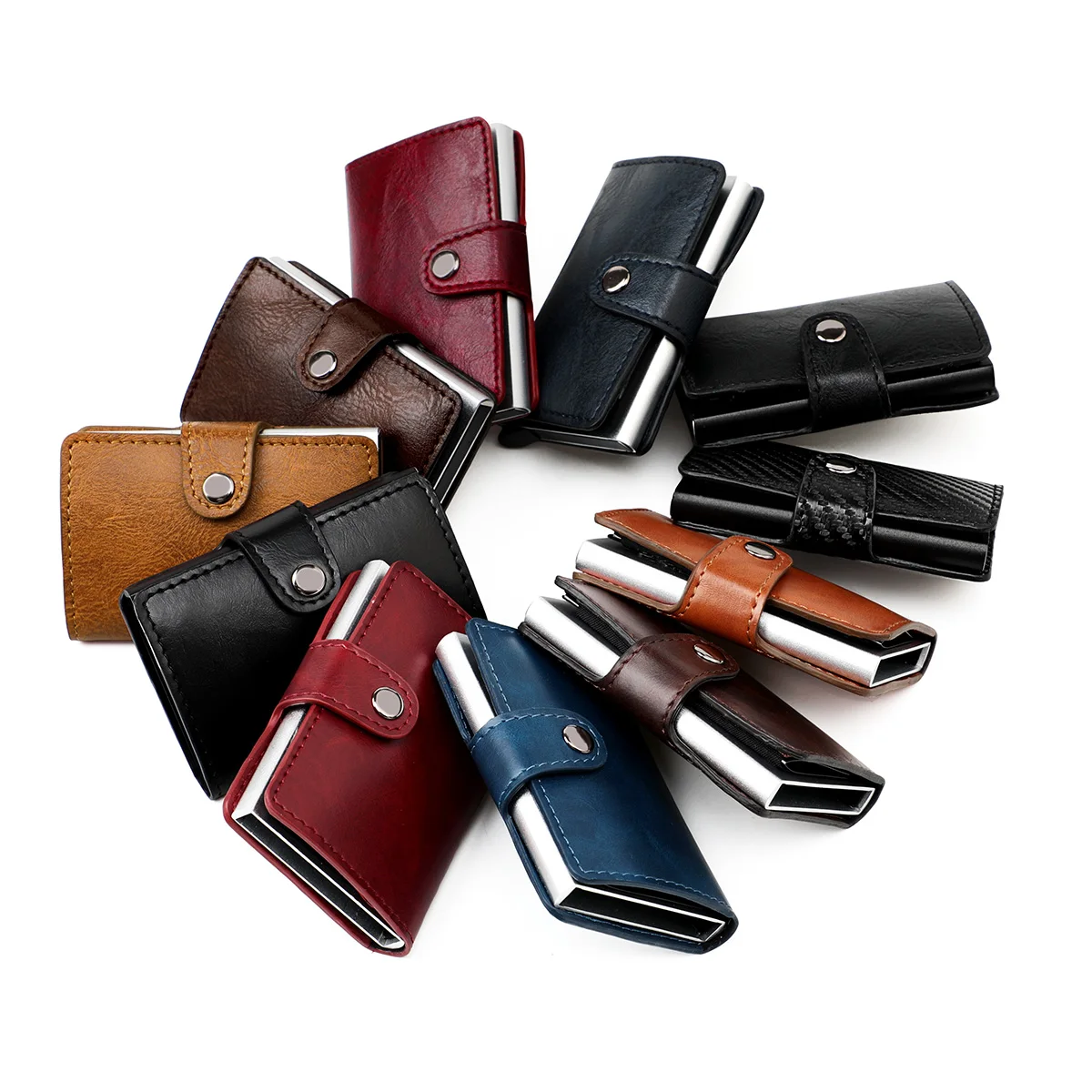 Good price Wholesale RFID Blocking Automatic Aluminium Pop Up Credit Card Real PU Leather Business Card Holder