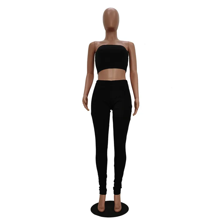 Womens Casual Solid Color Tube Top Pencil Pants Sports Two Piece Suit Gym Summer Womens Jogging Sets 2 Piece