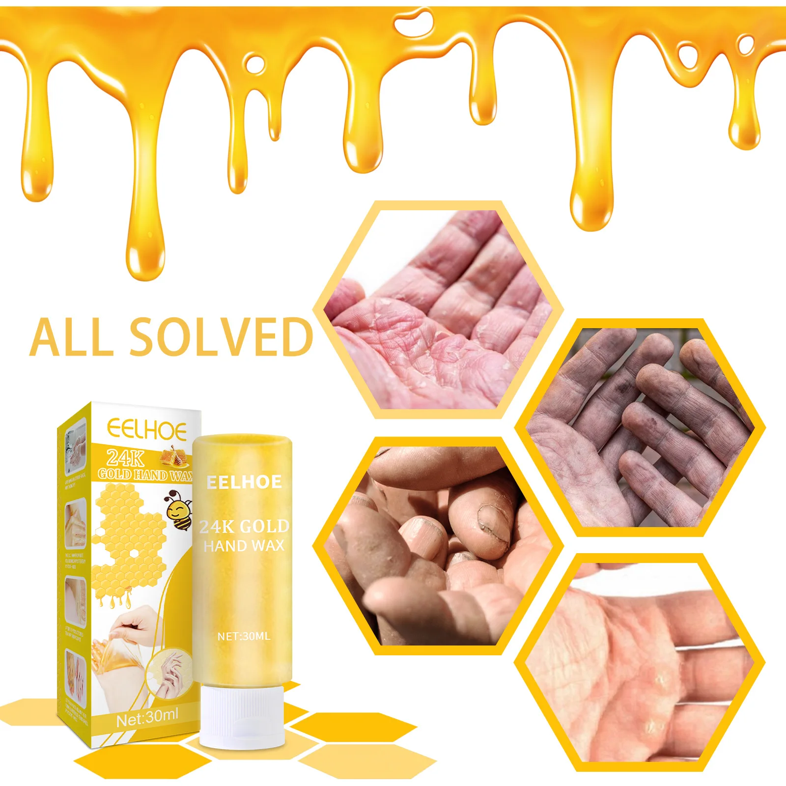 EELHOE Hand Remover Dead Skin Peel Mask Whitening Moisturizing Honey 24k Gold Exfoliating Hand Wax Peeling Mask