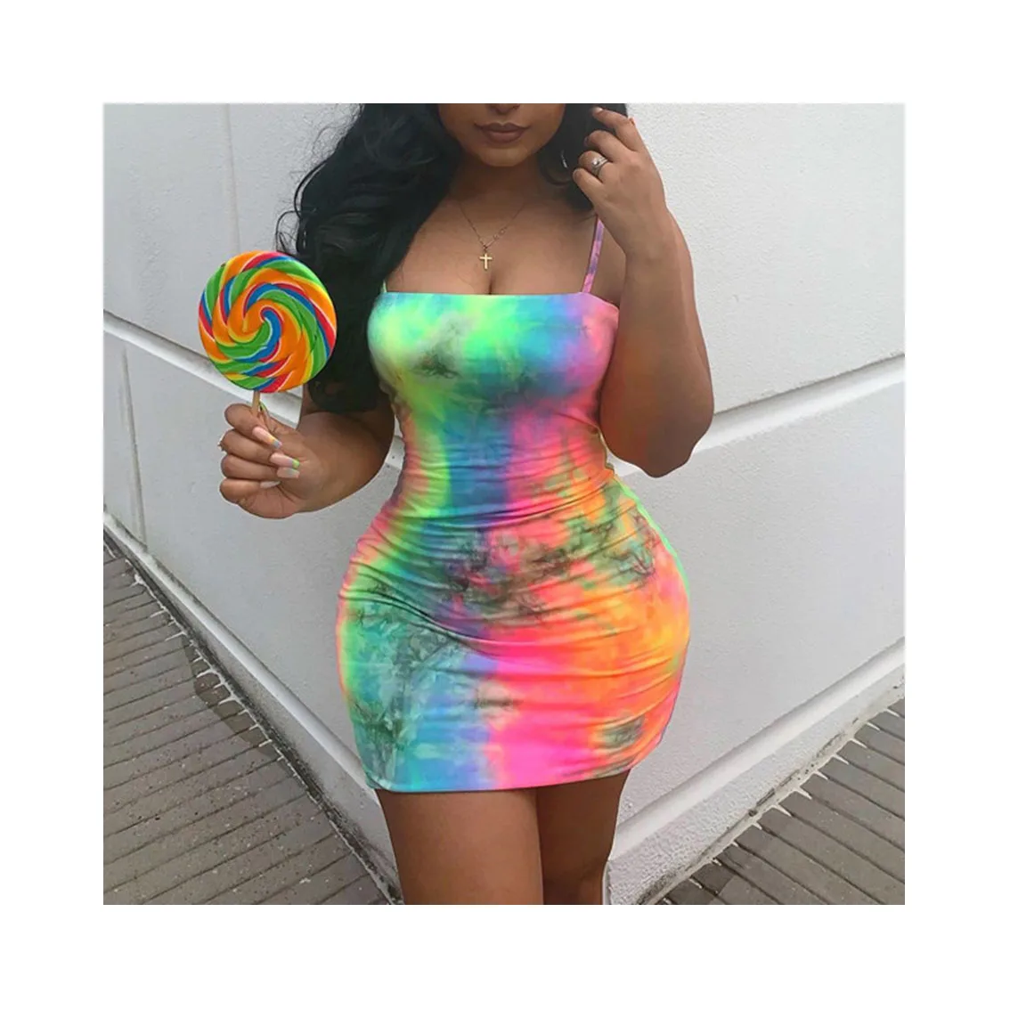 New Women Sling Cami Dresses Sleeveless Slash Neck Tie Dye Bodycon Short Mini Pencil Dress Neon Party Club Slip Dress
