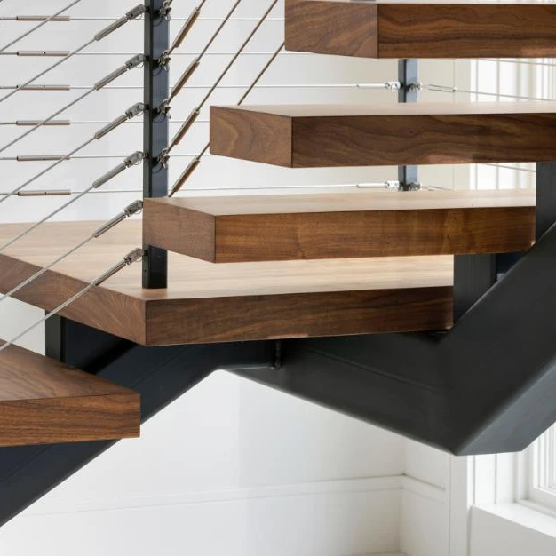 VIKO Mono Stringer Staircase  Carbon Steel Railing  American Oak Wood Tread