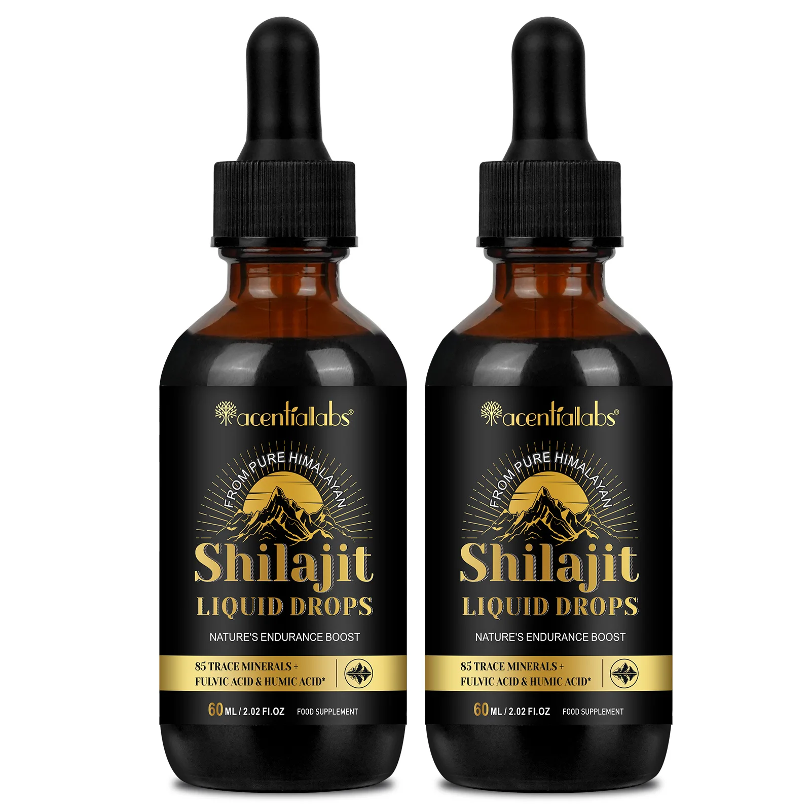 Acentiallabs 85 trace minerals 60ml himalayan shilajit liquid drops 100% pure shilajit supplement pure himalayan shilajit drops