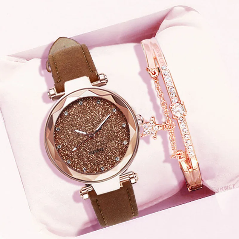 Women Romantic Starry Sky Watch Bracelet Pu Leather Rhinestone Designer Ladies Clock Bracelet Watches Set