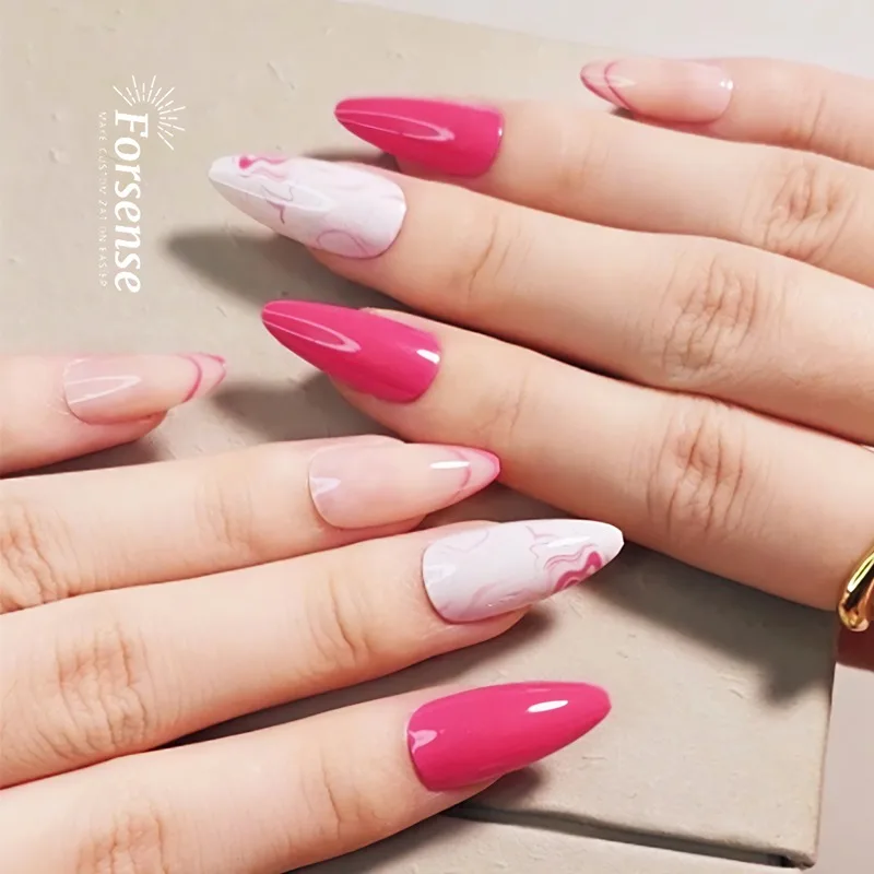 custom mixed color short almond press on nails stiletto hot pink full cover fake nails high quality 24 false nails glue stick on