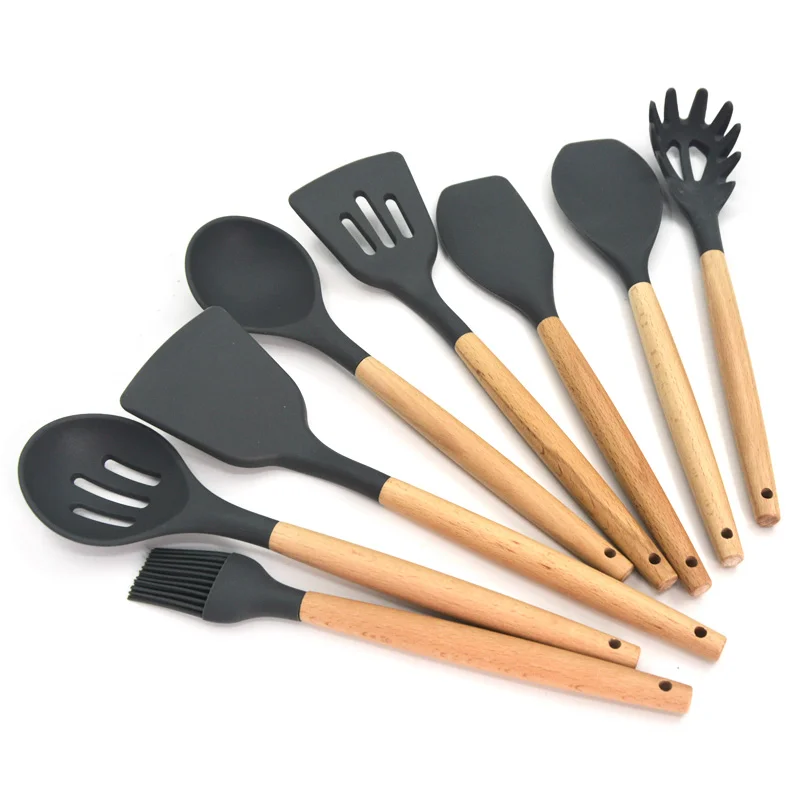 Factory Direct Price 12 PCS Silicone Kitchen Utensils Set Accessories Cooking Tool Set With Beech Wood Handle