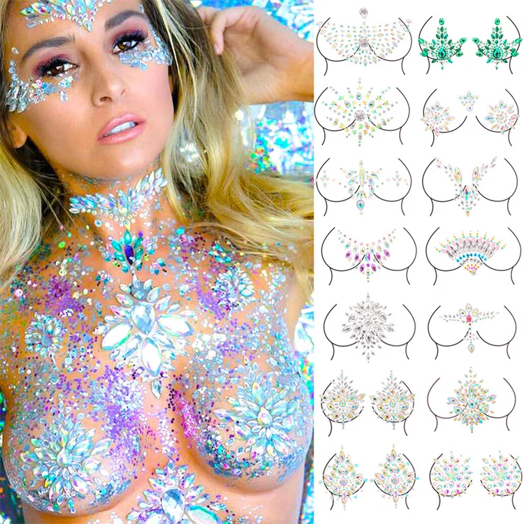 Women Chest Stickers Party Rhinestones Temporary Breast Tattoo Crystals Nail Art Decor Clubwear Festival Body Jewelry Decoration