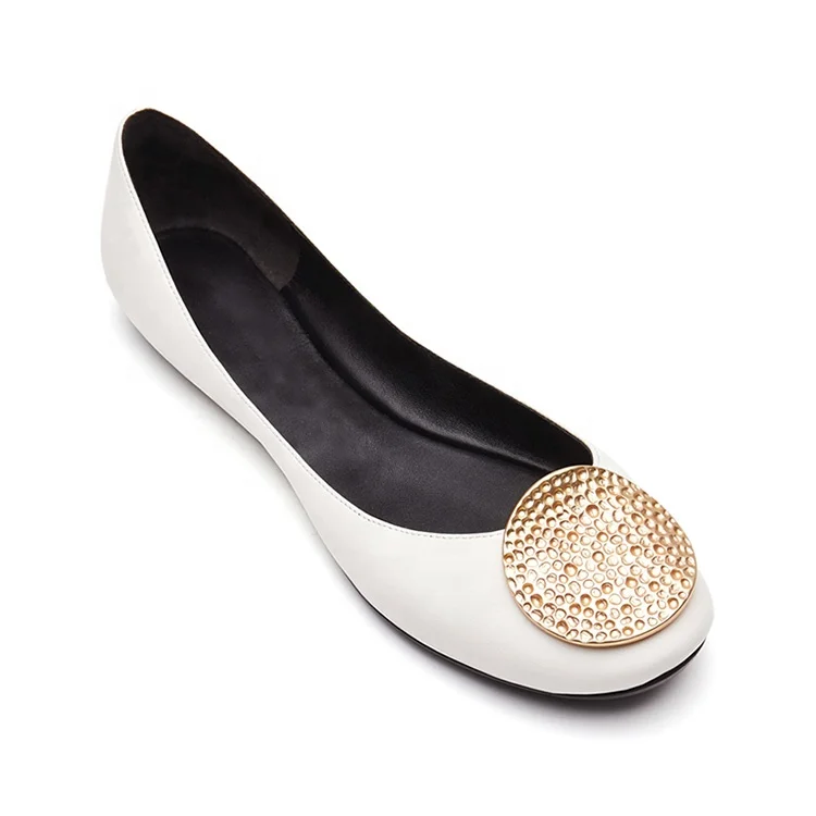 
New trend womens flat foldable slip on shoes leather metal charm ballet white flat shoes 