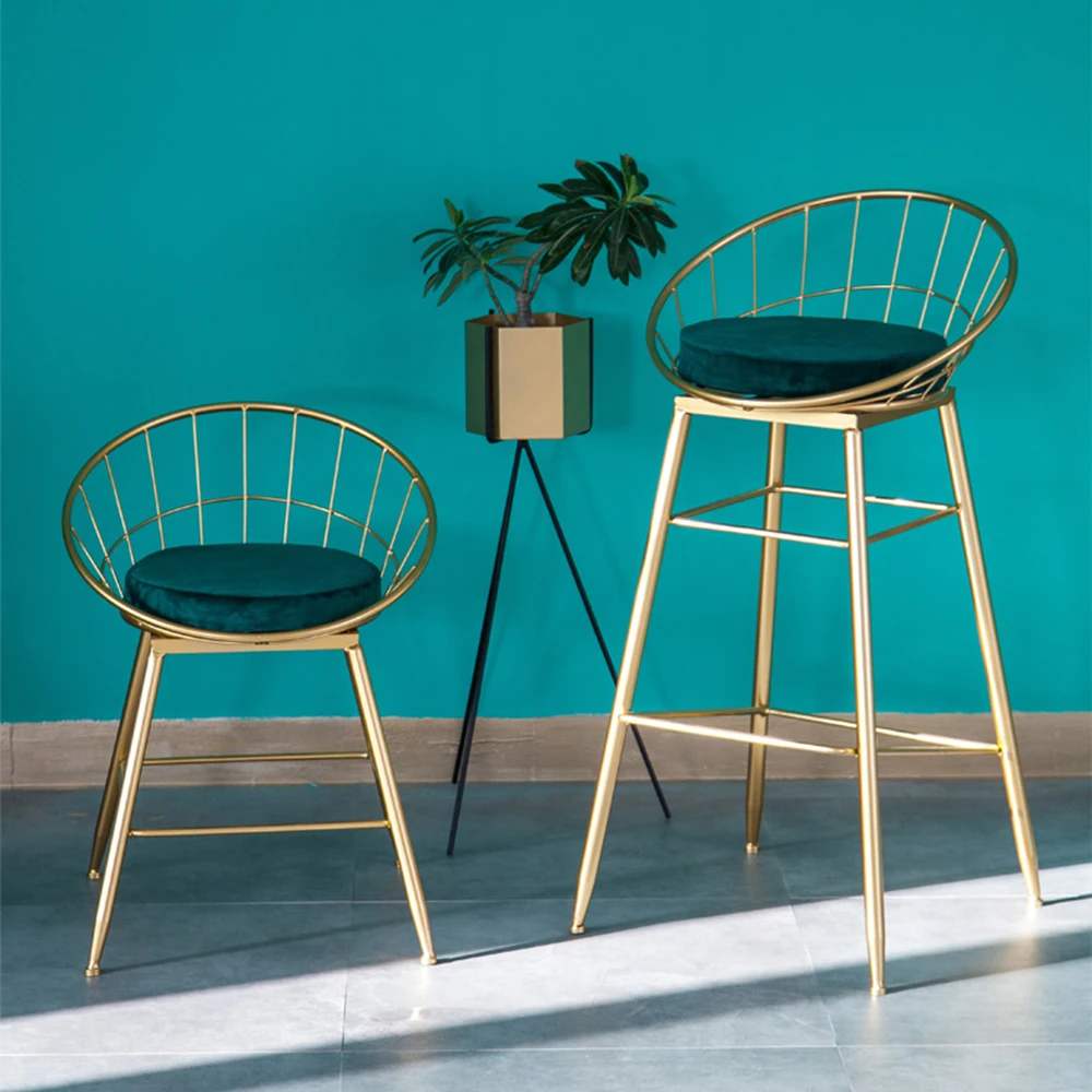 
European Metal Hollow Wire Gold Modern Bar Chair, Wrought Iron Dining Chair, Hotel Outdoor Velvet High Bar Stool 