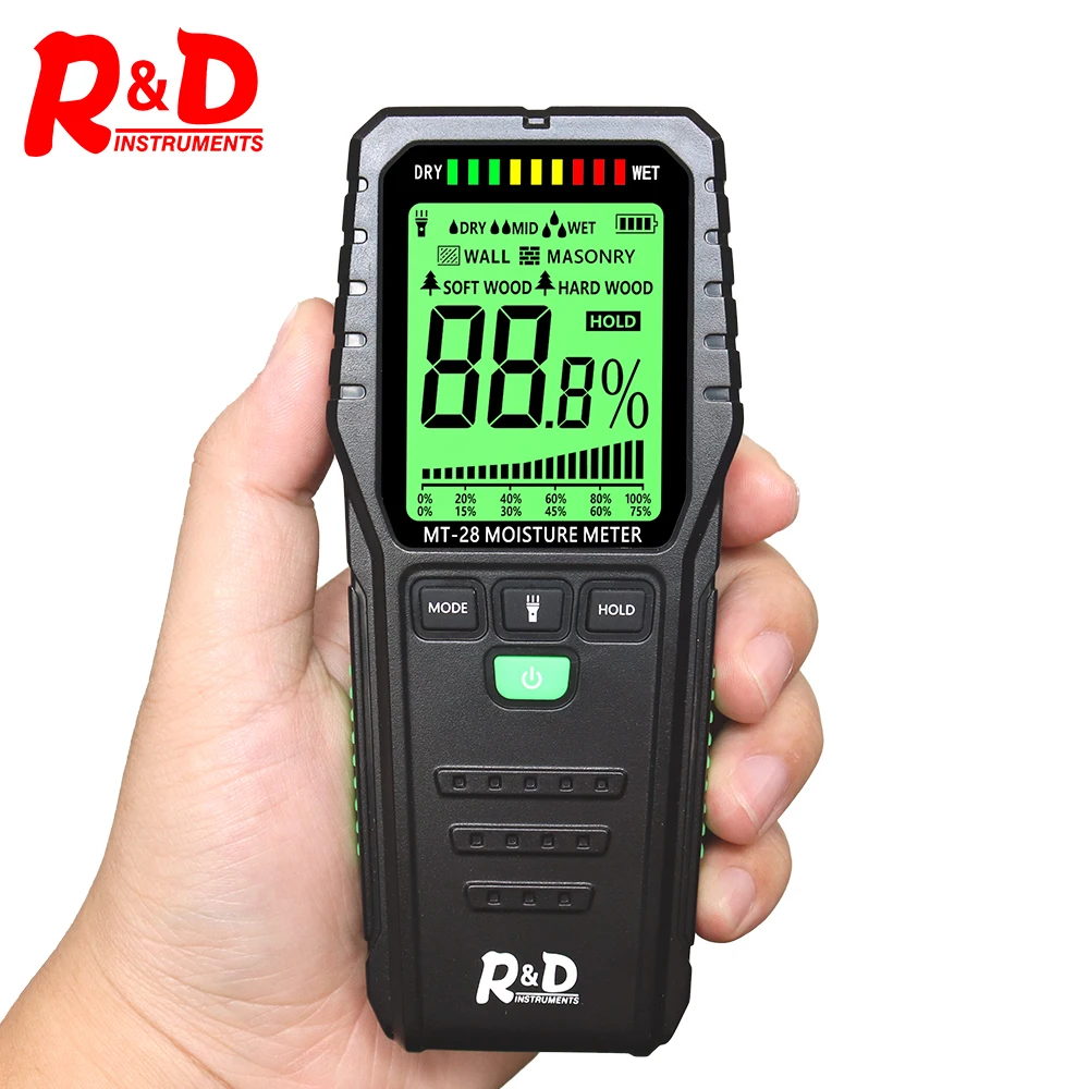 R&D MT28 Measuring tool Inductive Wood Moisture Meter Digital Electrical Tester LCD Display Ectromagnetic Wave Timber Hygrometer