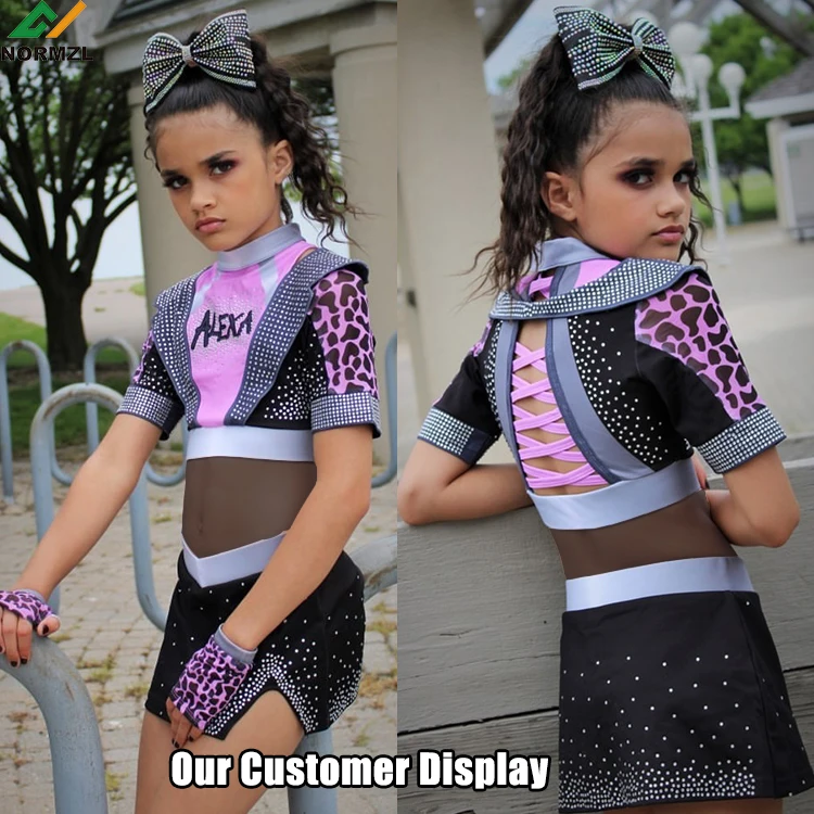 Custom rhinestone black and purple two pieces cheer suit cheerleader outfit all stars kids cheerleading uniforms