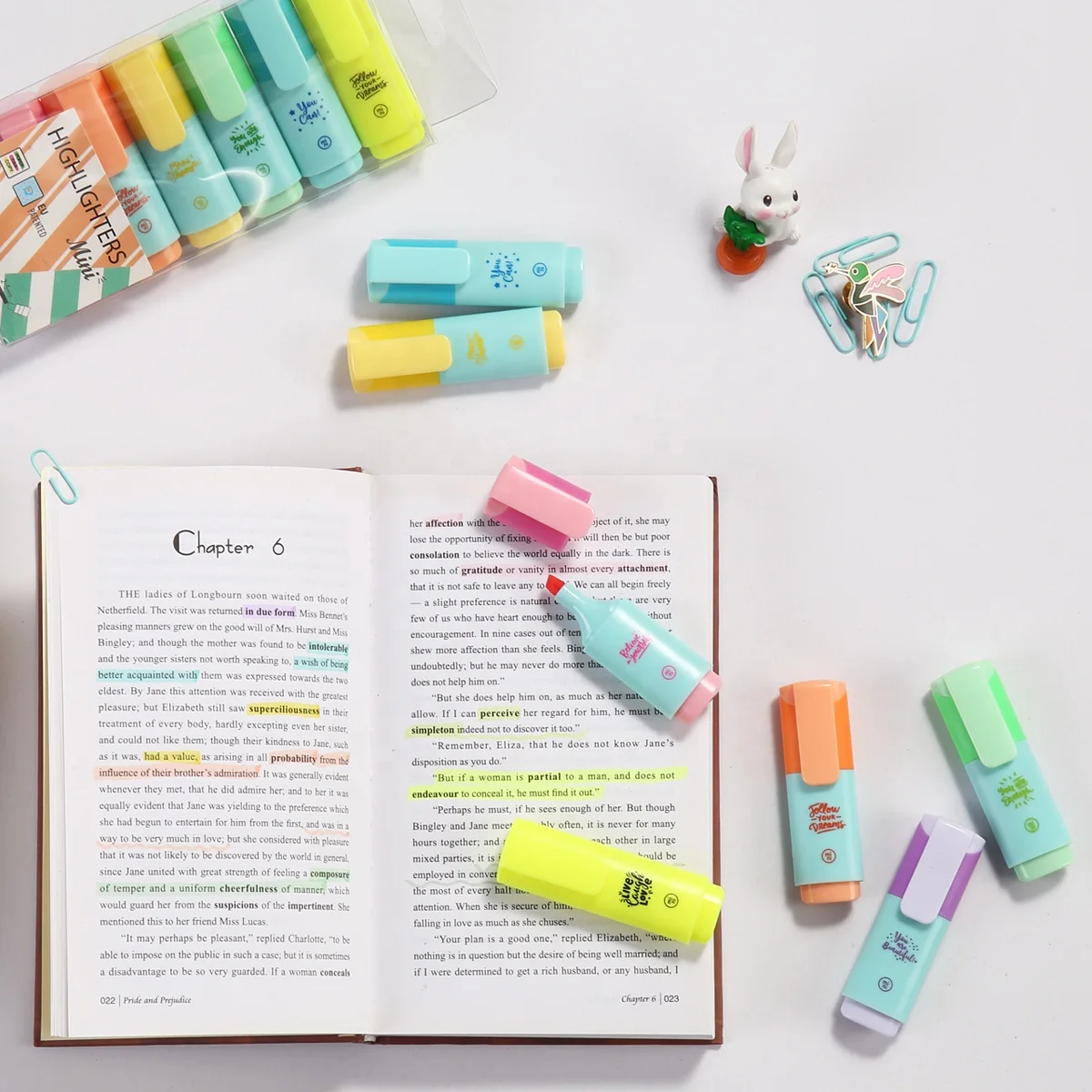 7 Pack Mini Square Shape Assorted Colors Cute Custom Mini Set of Marker Highlighter Pen for School