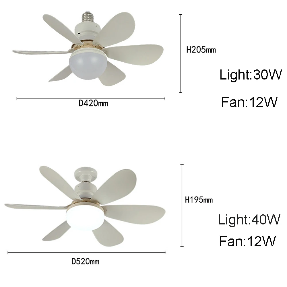 Ceiling Fan with Light Modern Screw in Light Switch with Fan Control 6 Blades & 3 Speeds Dimmable Small Socket Fan 2 In 1 Light