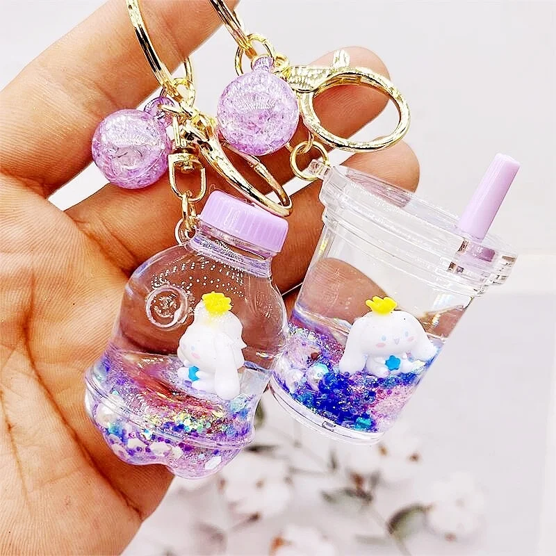 Milk Bottle Keychain Exquisite Cute Cartoon Kitty Cinnamoroll Lovely Liquid Sand Pendant Bag Gift Accessories Wholesale Key Ring