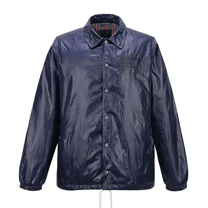 Mens casual 75D twisted yarn-dyed imitating memory fabric long sleeve lapel shiny hooded waterproof jacket men