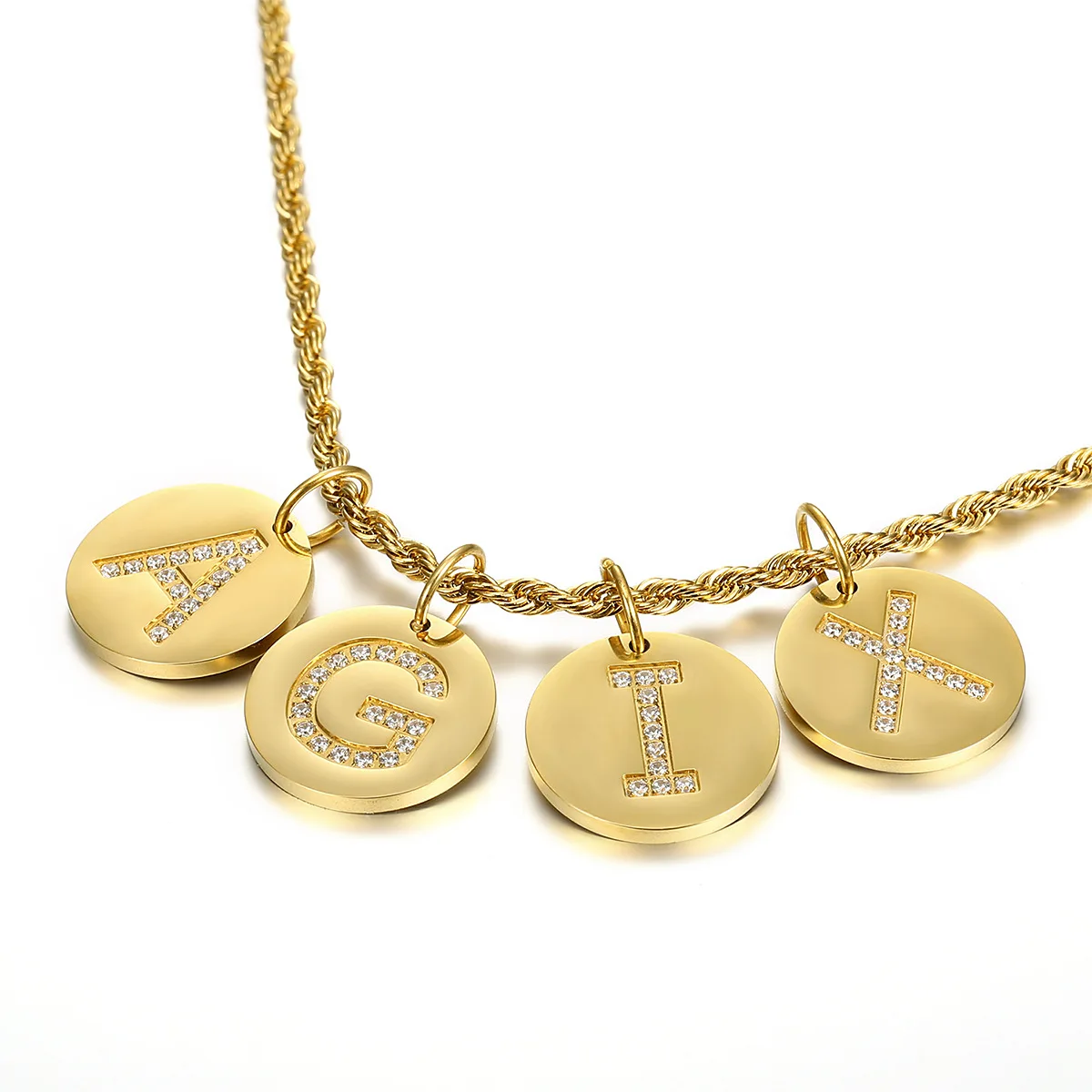 Gold plated stainless steel CNC CZ coin letter necklace tiny initial pendant necklace