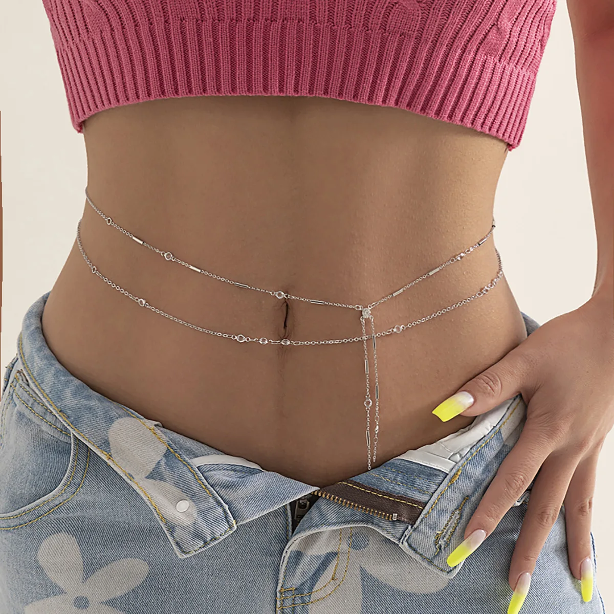 Fashion Jewelry Sexy Tassel Thin Body Chain Dress Simple Crystal Zircon Waist Chain Gold Metal Belt Layered Body Chain