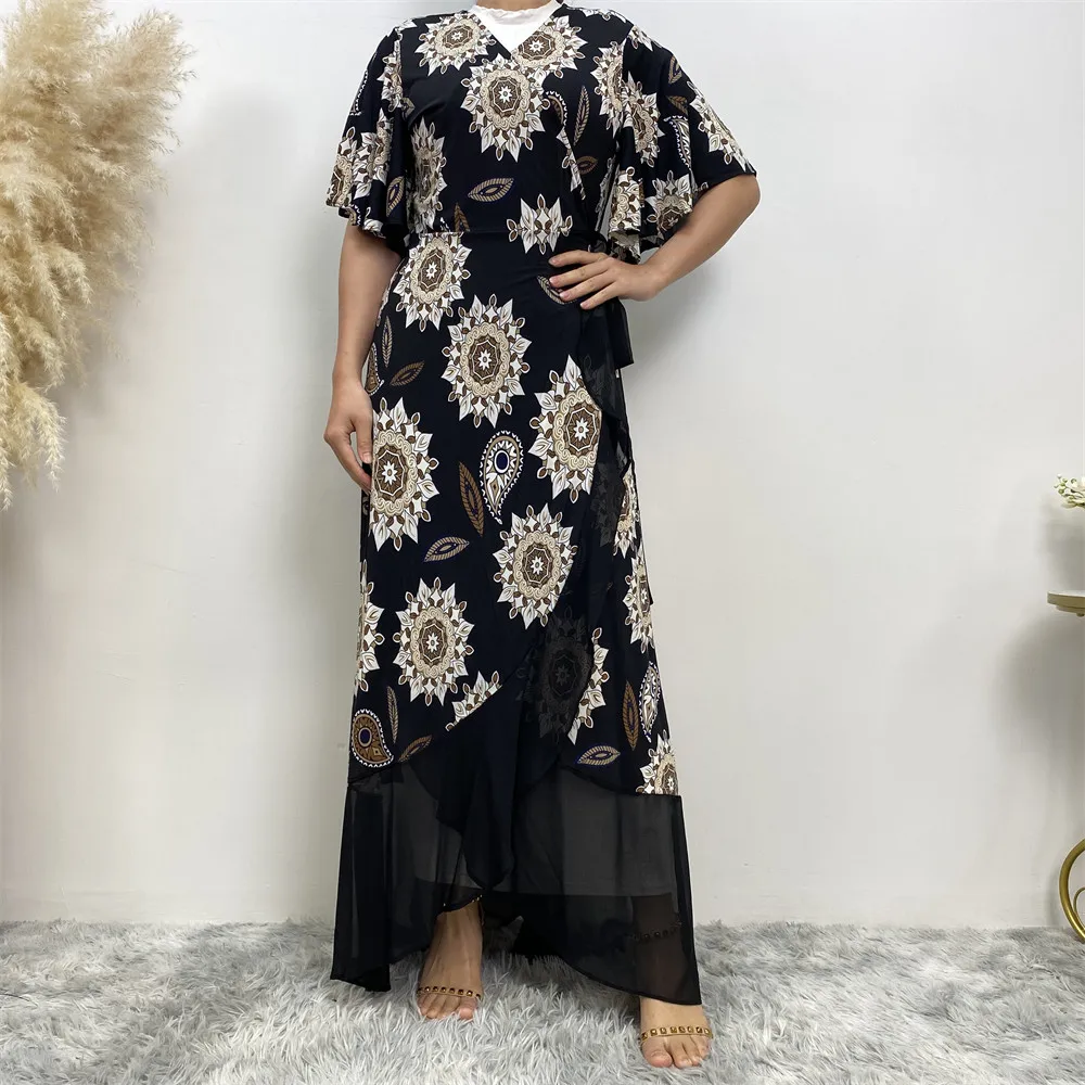 Fashion Lace Up Design Pretty Flowers Print Short Sleeves Splice Chiffon Bottom Women Summer Open Abaya