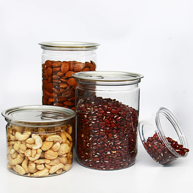 Sealed Clear Plastic PET Jar Food Storage Container With Aluminum Easy Open Lid