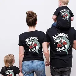 Fashion Dad Mom and Kids Shark Printed T-shirt Wholesale High Quality Custom Matching Parent-child Family Clothes
