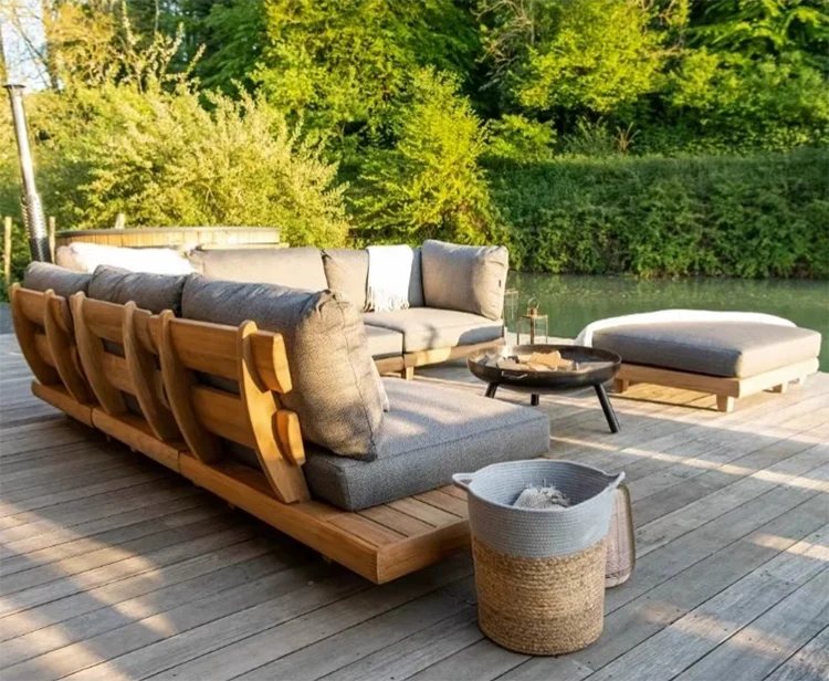 Modern Teak Wood Furniture with Cushions Sofa Set Outdoor Garden Patio Hotel Sectional Outdoor Sofa