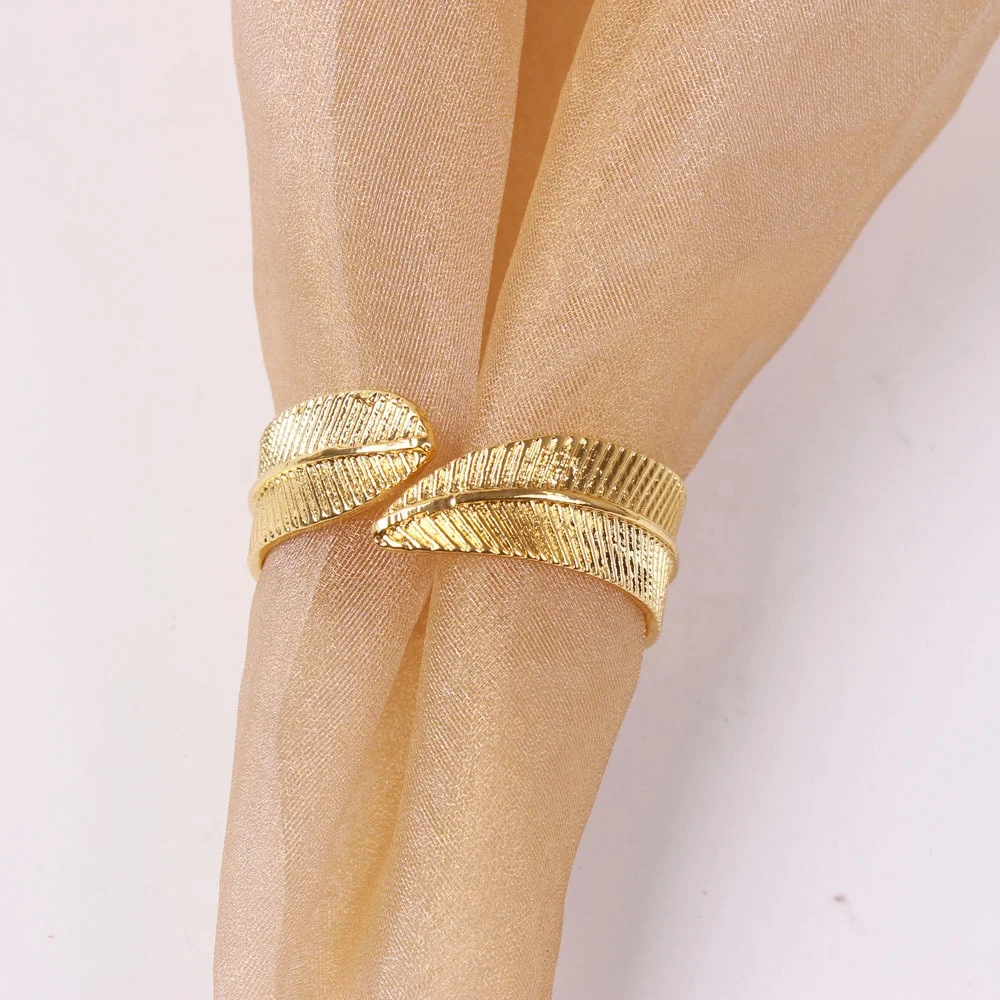 European-style restaurant banquet cloth decorated napkin ring Gold plated leaf napkin metal feather napkin ring