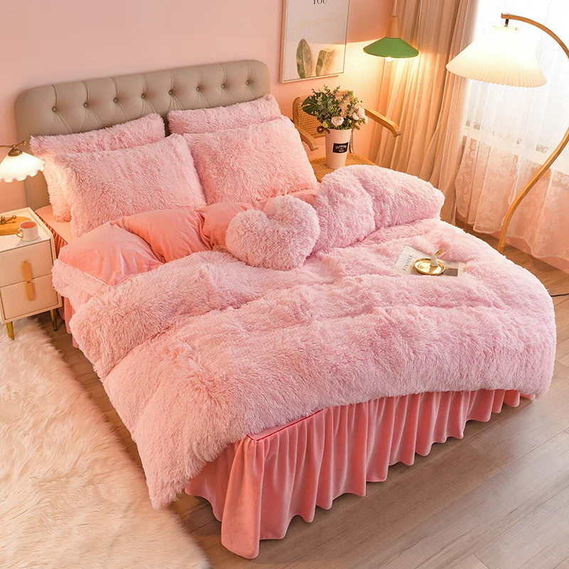 Faux Fur Velvet Fluffy Plush Soft Bedding Bed Warm For Girl Sheet Set 4 Pieces Flannel Duvet Cover Sets