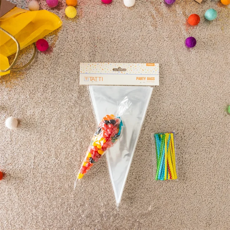 Wholesale Clear Plastic Triangle Cone Shaped Cellophane Candy Cello Treat Bags with Twist Ties for Popcorn Party Favor