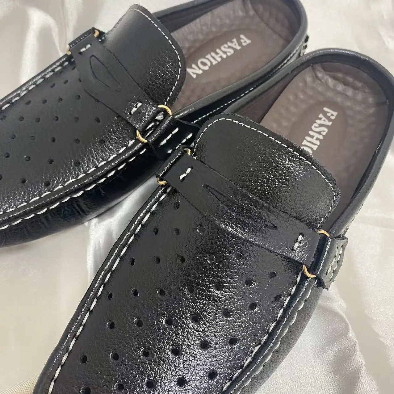 Plus size genuine Leather Mens Slipper Outdoor Moccasins Empty Back Loafer Man Slides walking Shoes customize logo 38-46