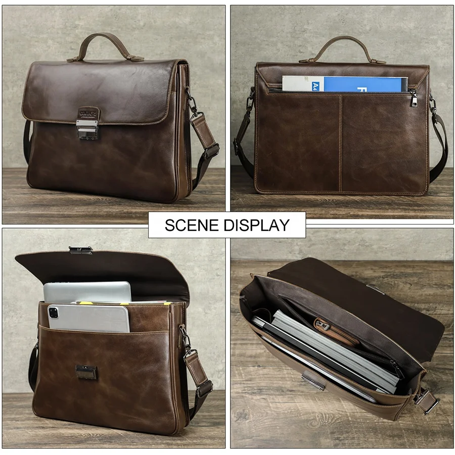 Combination Lock Lawyer Handbag Vegetable Tanned Italian Leather Briefcase for Laptop 16 inch