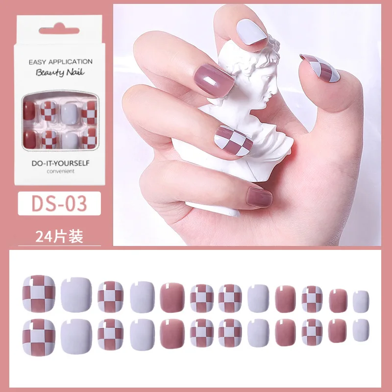 fake nails high quality  Pink and white checkerboard with false nails  Short false nails  Wholesale 24 pieces in box