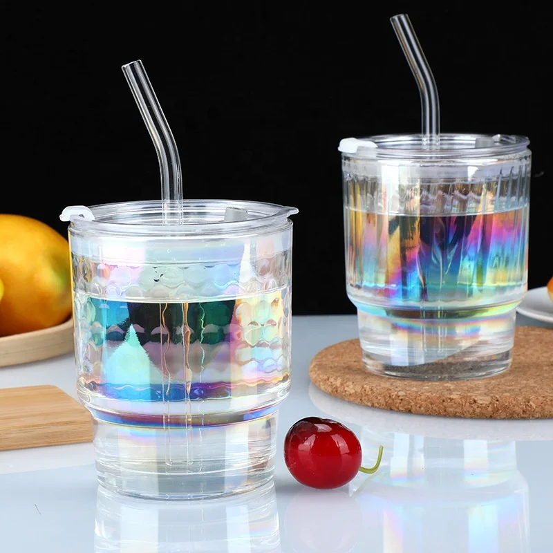 Glass Tumbler Colorful Glass Coffee Cup with Lid and Straw Modern Design Drinking Glass Cup