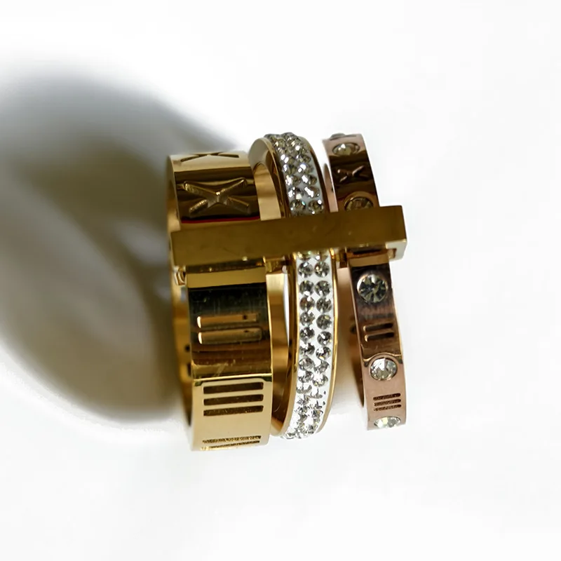 Band Ring Three Layers Roman Numeral Rings Stainless Steel Cubic Zirconia Men 3 in 1 18K Gold Plated Sample Engagement Rings