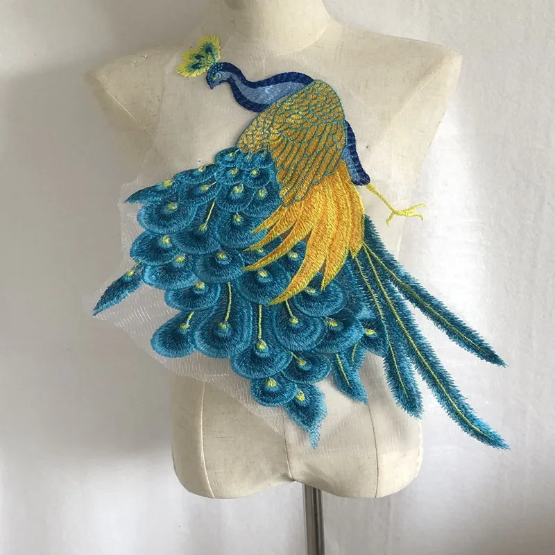 Chinese Style Big Peacock Mesh Embroidery Cloth Patch Mesh Yarn Embroidery Patch Cheongsam Dress