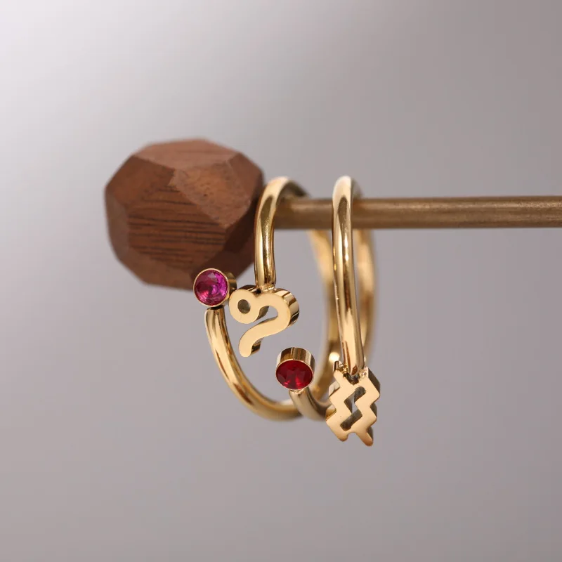 Hainon Classic Ring Stainless Steel Ring Zircon Birthstone Open Ring