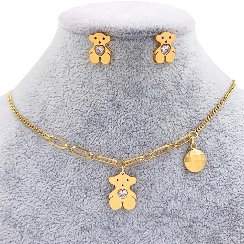 China Wholesale Factory Stainless Steel 18k Gold Plated Bear Necklace Silver Jewelry Set Bijoux Women Acero Inoxidable Joyeria