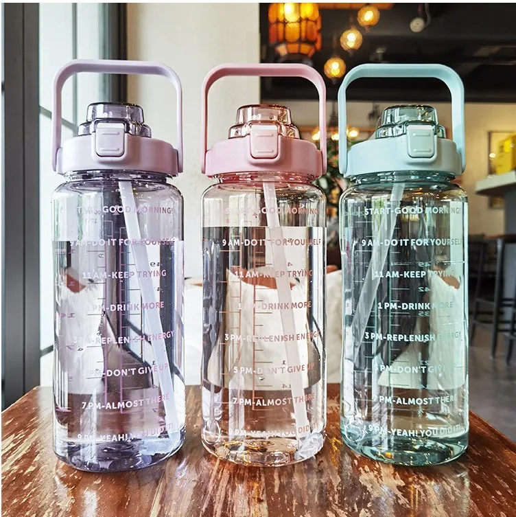 Custom BPA Free 2l Half Gallon Fitness Gym Sports Clear Plastic Motivational Water Bottle with Time Marker and Straw