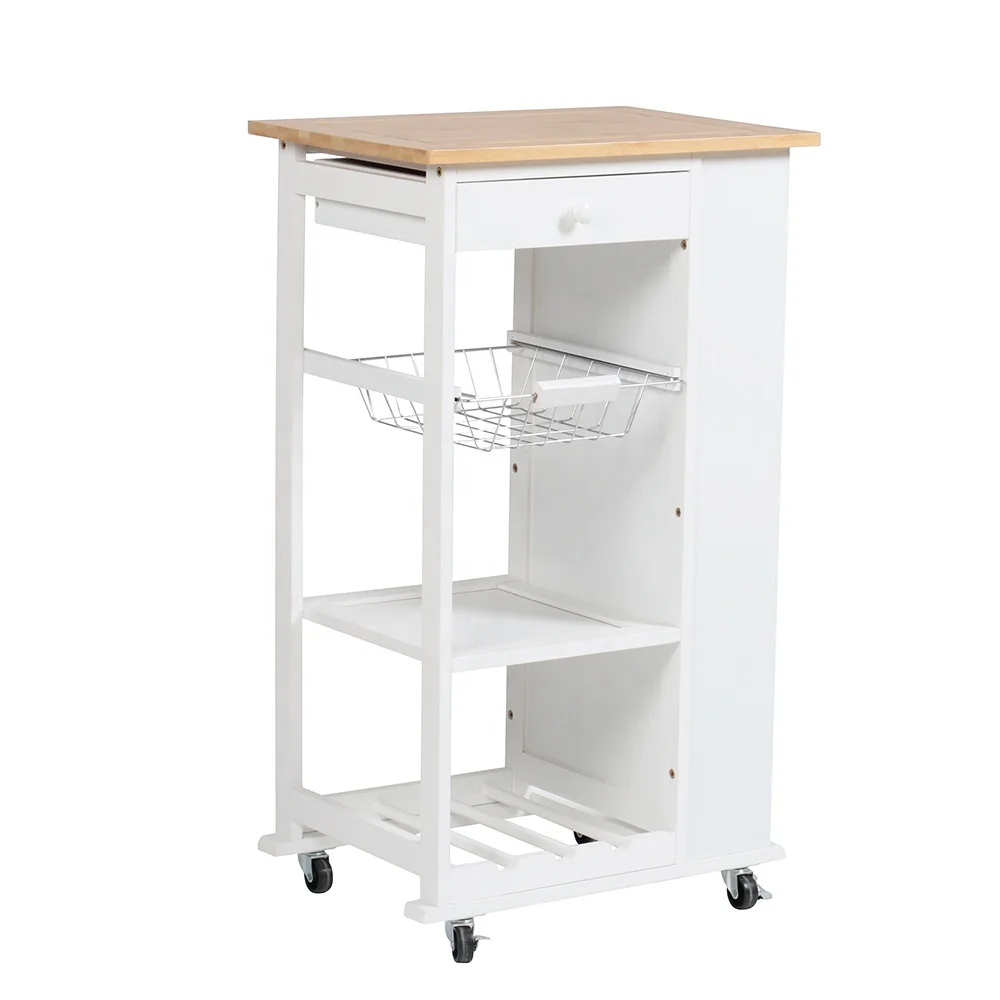 4 Tier Wooden Hotel Storage Service Furniture Kitchen Island Trolley, Kitchen Cart with Bamboo Top