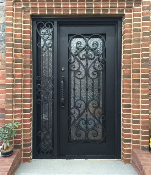 Custom forged special-shaped wrought iron gate with modern hollow pattern process,, can be installed glass
