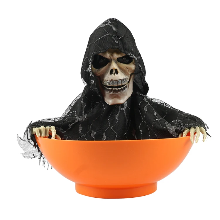2021 завод OEM оптовая продажа скелет конфеты тарелка конфеты сумка Хэллоуин светящийся звук Скелет встряхивание страх реквизит визиты призрак