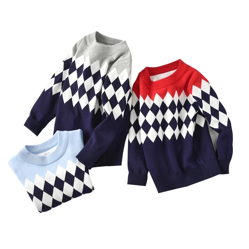 Free Sample Modern Double Layer Argyle Comfortable Autumn Winter Warmth Toddler Children Boys Pullover Sweater