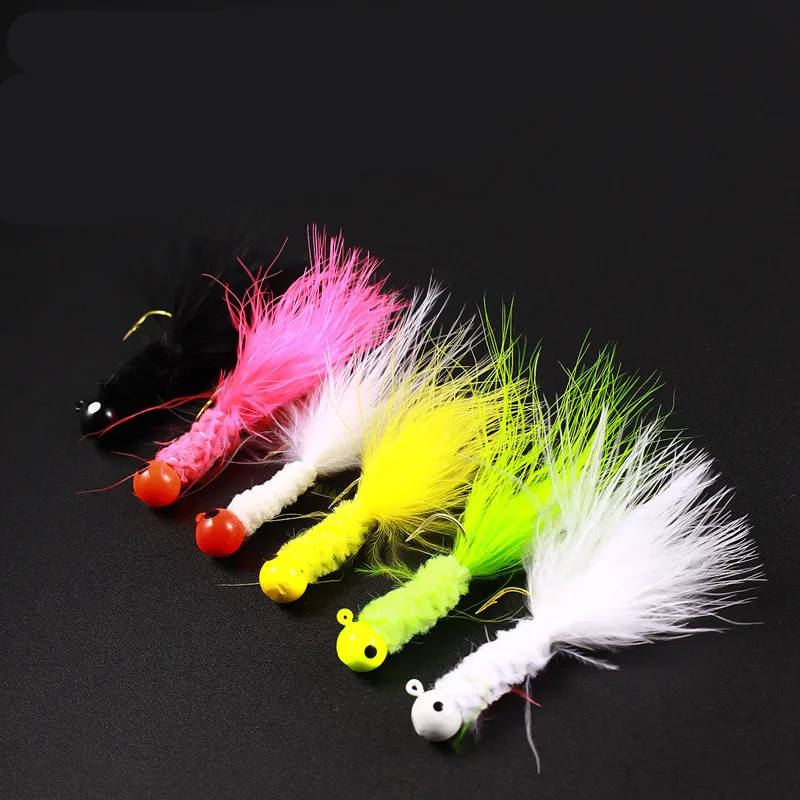 0.9g/1.75g/3.5g Peche Mouche Marabou Crappie Jig Heads Fishing Hook With Feather Trout Bass Fly Fishing Hair Jig Hooks