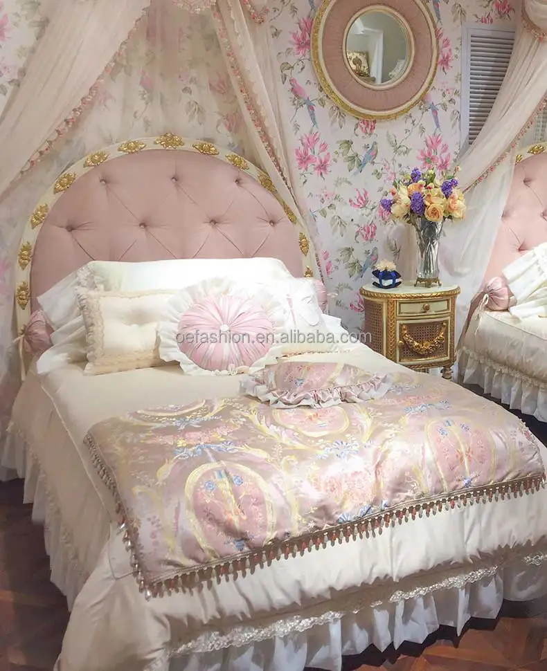 OE-FASHION House furniture Romantic pink villa children double princess french royal bedroom set luxury twin bed