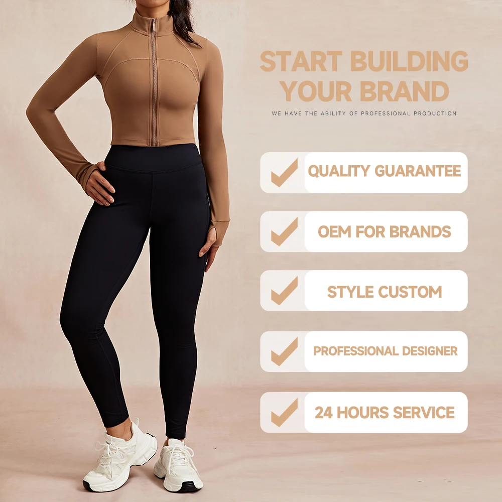 JIEJIN Fashionable Women Sports Gym Tight Athletic Windbreaker Cropped Long Sleeve Zipper Yoga Jacket With Finger Hole